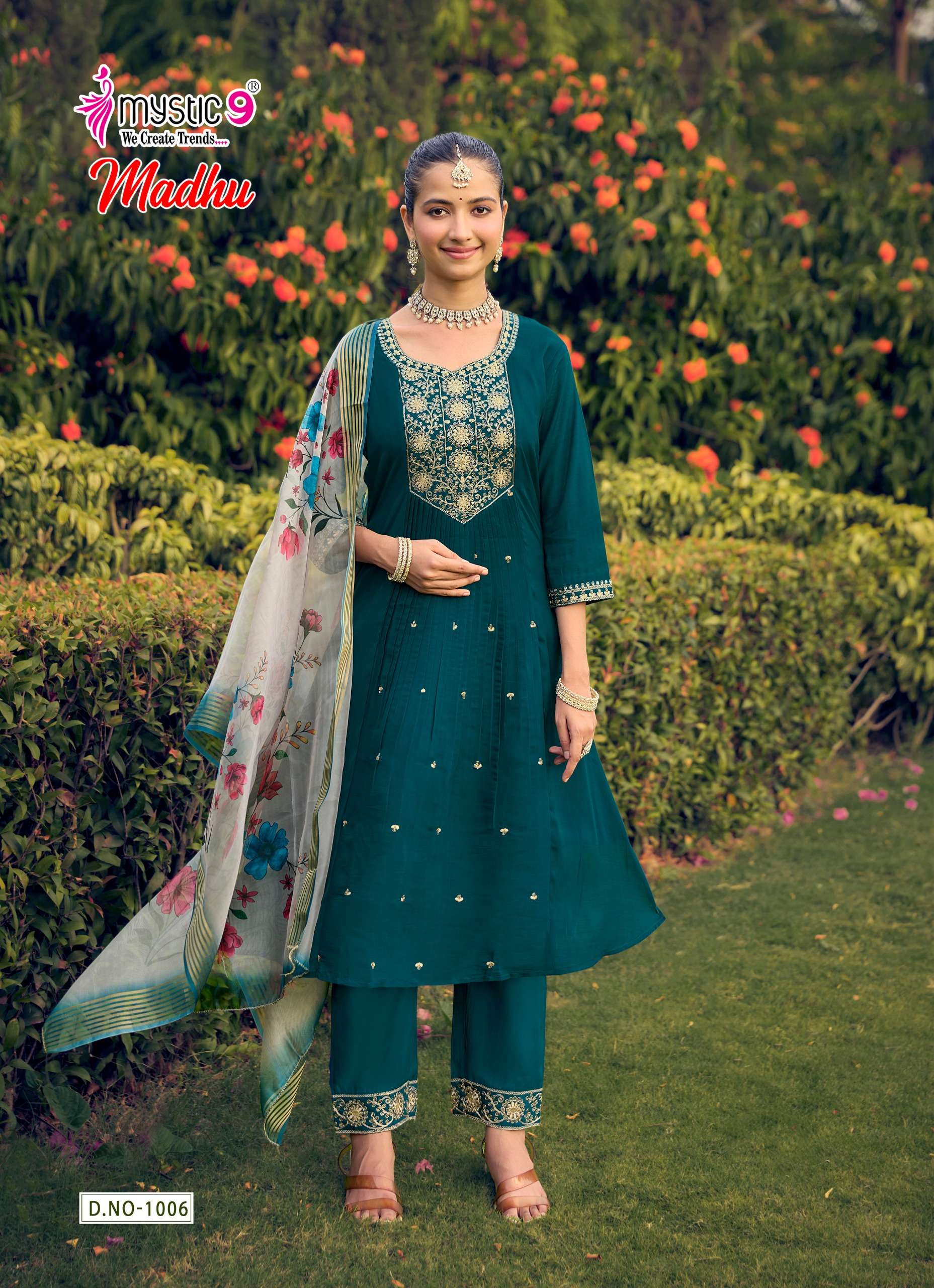 MYSTIC 9 MADHU VOL 1 CHANDERI DYED FLARED CUT CATALOGUE RUND KURTI PANT SUIT TEENAGE BUY